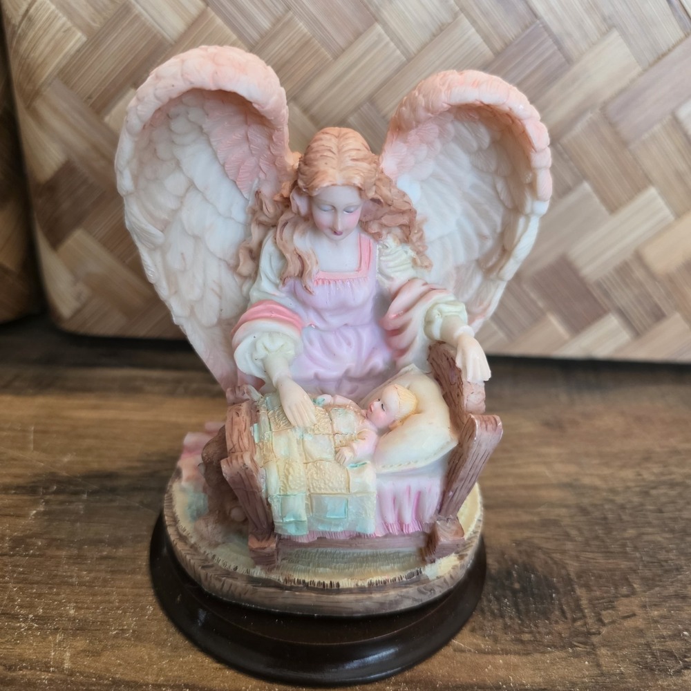 Gift Collection Kneeling Angel on Wood Base Christmas Decor Baby Jesus Ceramic